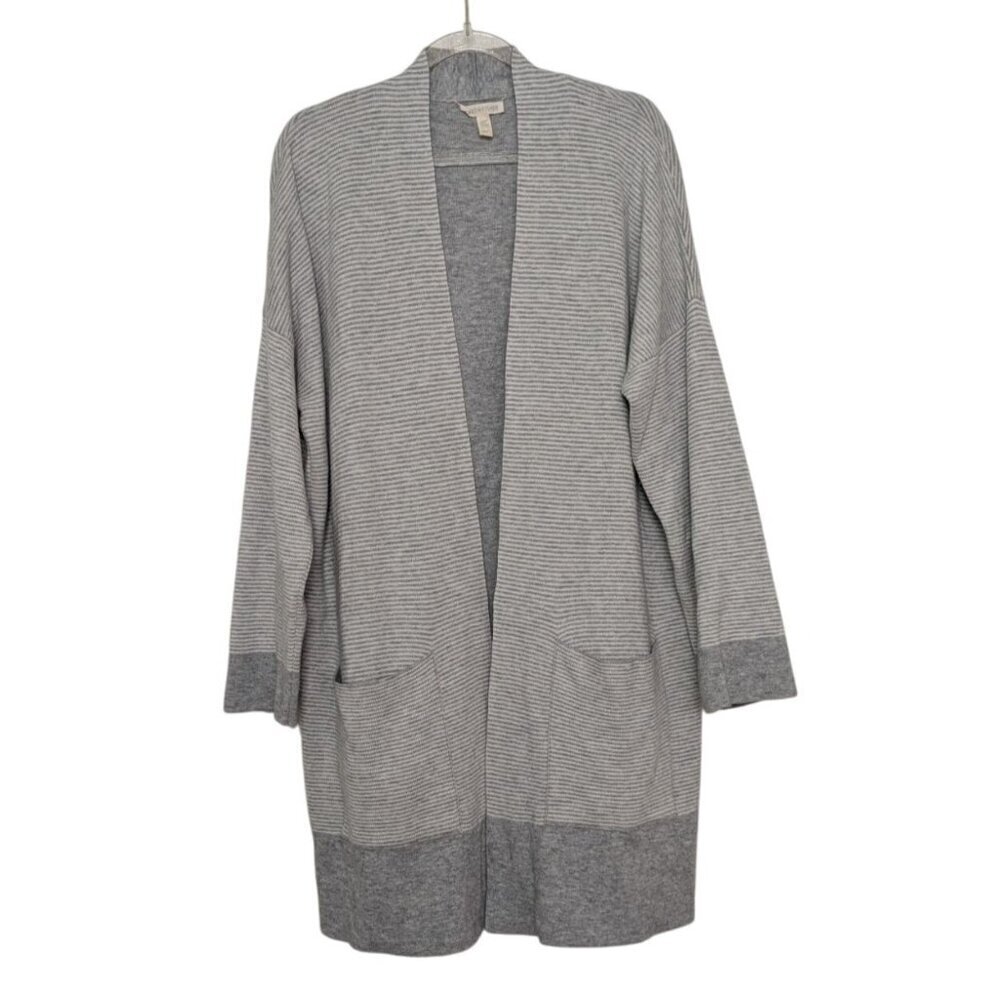 Eileen Fisher Stripe Cardigan Womens Size Small Gray Open Front Sweater